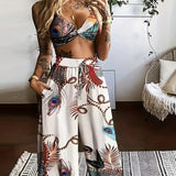 Women's Feather Printed Black Vacation Sexy Strap Pants Set - Lootquake