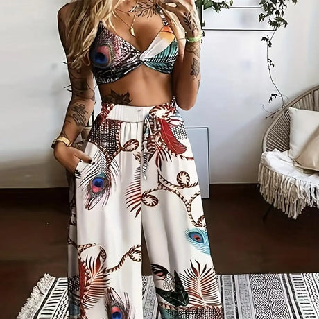 Women's Feather Printed Black Vacation Sexy Strap Pants Set - Lootquake