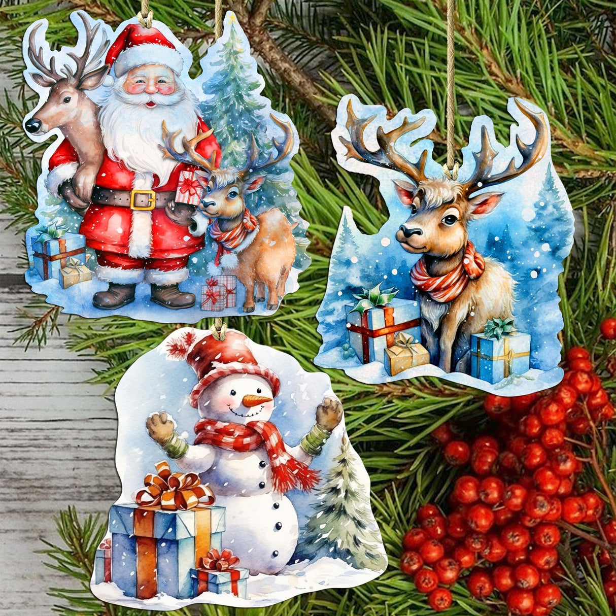 Christmas Is Here Decorative Wooden Ornaments Set of 3 by G. Debrekht - Christmas Decor - 8091028-S3
