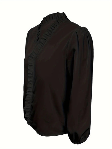 Pure Color Ruffle Hemline Shirt, Casual V-neck Long Sleeve Shirt. - Lootquake