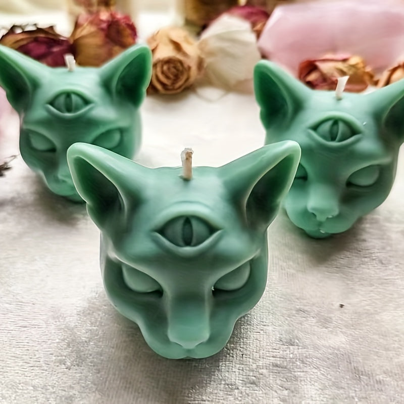 Molde de silicona para vela perfumada con forma de gato de tres ojos en 3D, moldes de silicona con forma de cabeza de gato malvado para hacer velas, chocolate, jabón epoxi, moldes con forma de animal para Halloween, decoración del hogar.