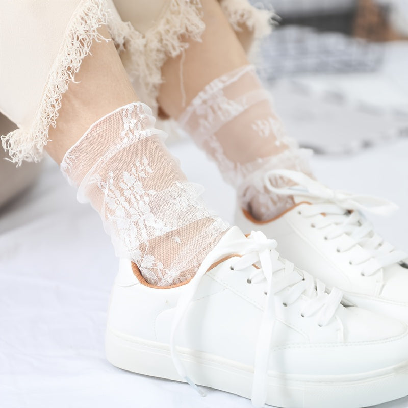 1 Pair Floral Lace Mesh Socks, Thin Sheer Retro Style Mid Tube Socks, Women's Stockings & Hosiery