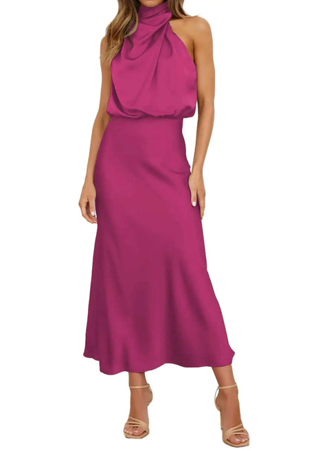 UNRDSSR Womens Satin Maxi Dress Elegant Sleeveless High Neckline Cocktail Party Maxi Dresses 2024 Summer Wedding Guest Dresses Silk Long Dresses Formal Rose Red L - Lootquake
