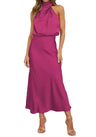 UNRDSSR Womens Satin Maxi Dress Elegant Sleeveless High Neckline Cocktail Party Maxi Dresses 2024 Summer Wedding Guest Dresses Silk Long Dresses Formal Rose Red L - Lootquake