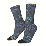 1 Pair of Vibrant Geometric-Patterned Mens Crew Socks - Breathable, Comfy, Casual, Unisex for Outdoor Wearing All Seasons - Soft Polyester Knit Fabric, Novelty Design for Fashion-Forward Guys