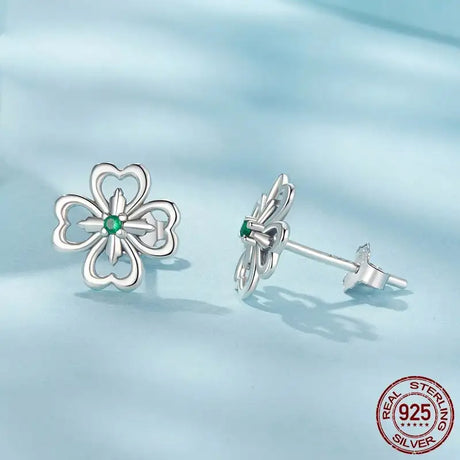 Lucky Four-Leaf Clover Stud Earrings Sterling Silver Plant - Lootquake