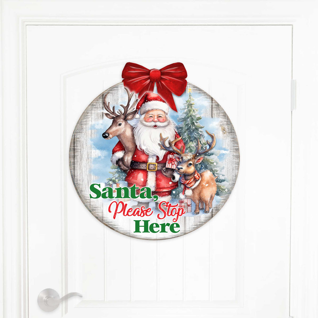 Letrero de Papá Noel, por favor, deténgase aquí. Letrero de bienvenida para la puerta principal. Pancarta de entrada principal. Letrero de bienvenida - Decoración de porche delantero de madera - 933116H