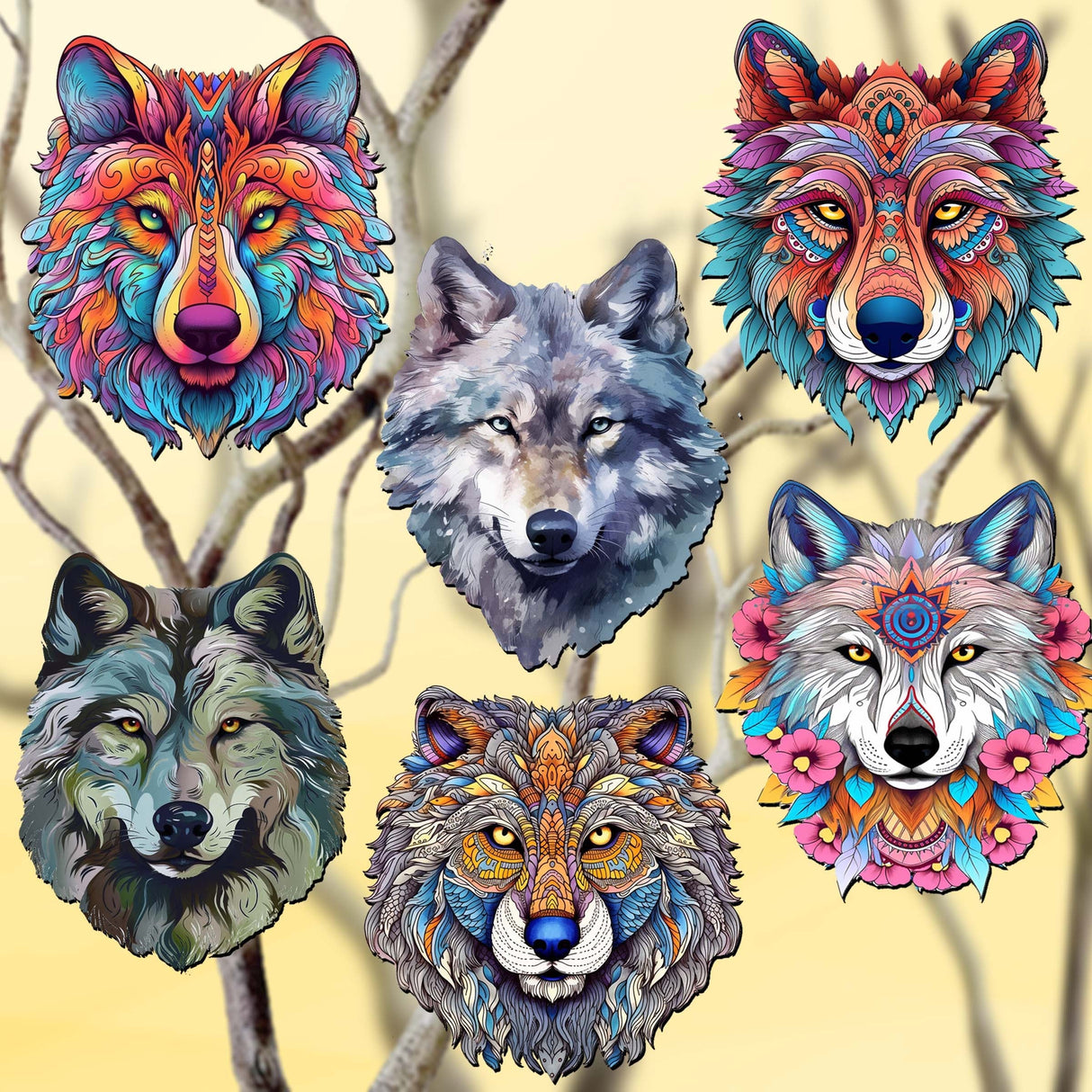 Enigmatic Wolves Decorative Wooden Clip-on Ornaments Set of 6 by G. Debrekht - Wildlife Decor - 8090113C-S6