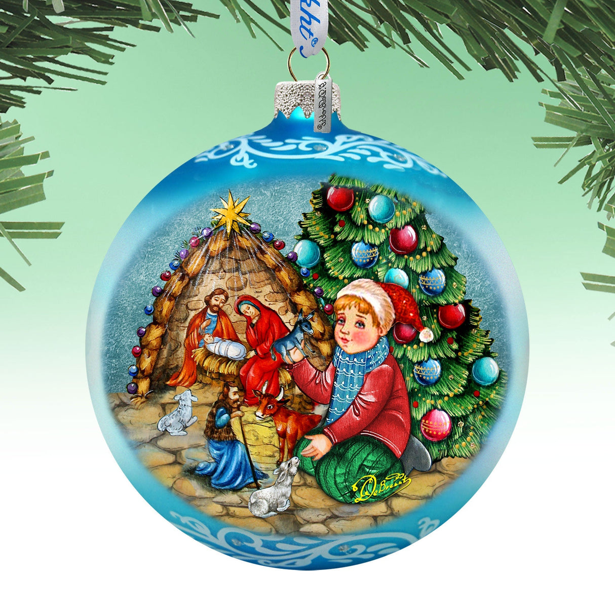 Adorno grande de cristal azul "Nacimiento junto al árbol de Navidad" de G.Debrekht - Decoración navideña - 73930B