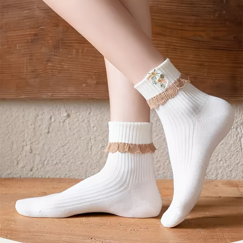 5 pares de calcetines con encaje floral, suaves y cálidos, acanalados hasta el tobillo, medias y calcetería para mujer