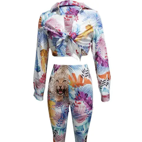 Women's Plant Animal Print Long Sleeved Lace Up Top And Slim Fit Pants Two-piece Pants Set - Lootquake