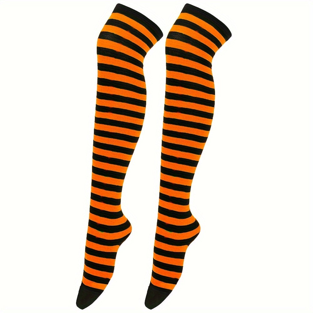 Calcetines hasta la rodilla con rayas vibrantes: calcetines hasta la pantorrilla para mujer, ideales para festivales de música, fiestas de cosplay y cualquier estilo. Medias suaves, elásticas y cómodas para usar todo el día.