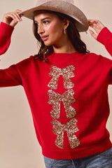 SO ME Sequins Bow Ribbon Embellished Christmas Sweater