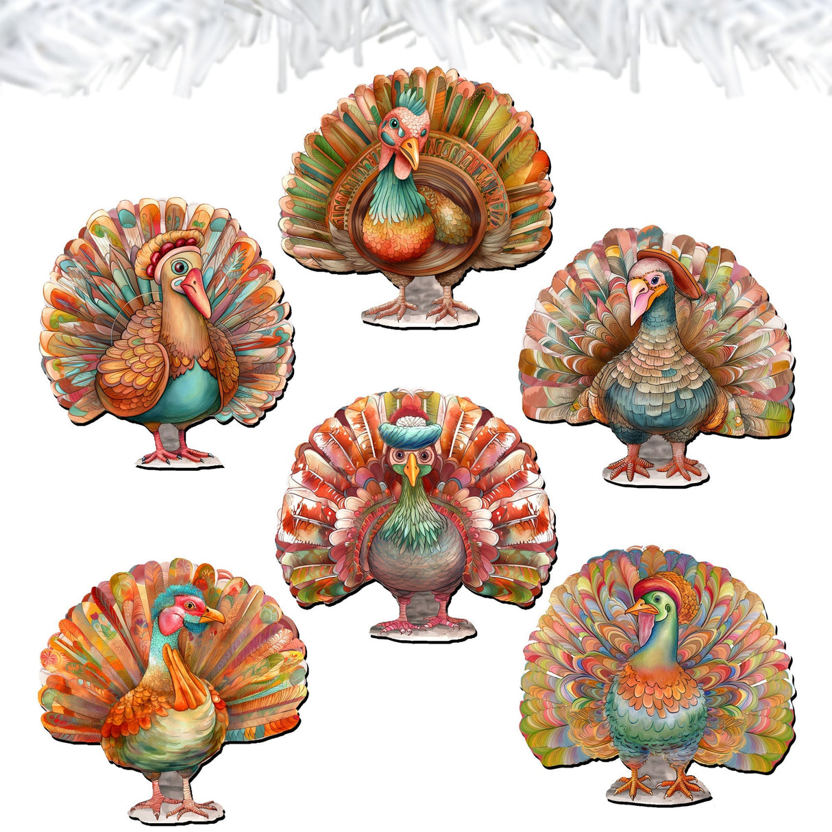 Turkey Decorative Wooden Clip-on Ornaments Set of 6 by G. Debrekht - Thanksgiving Decor - 8090027C-S6