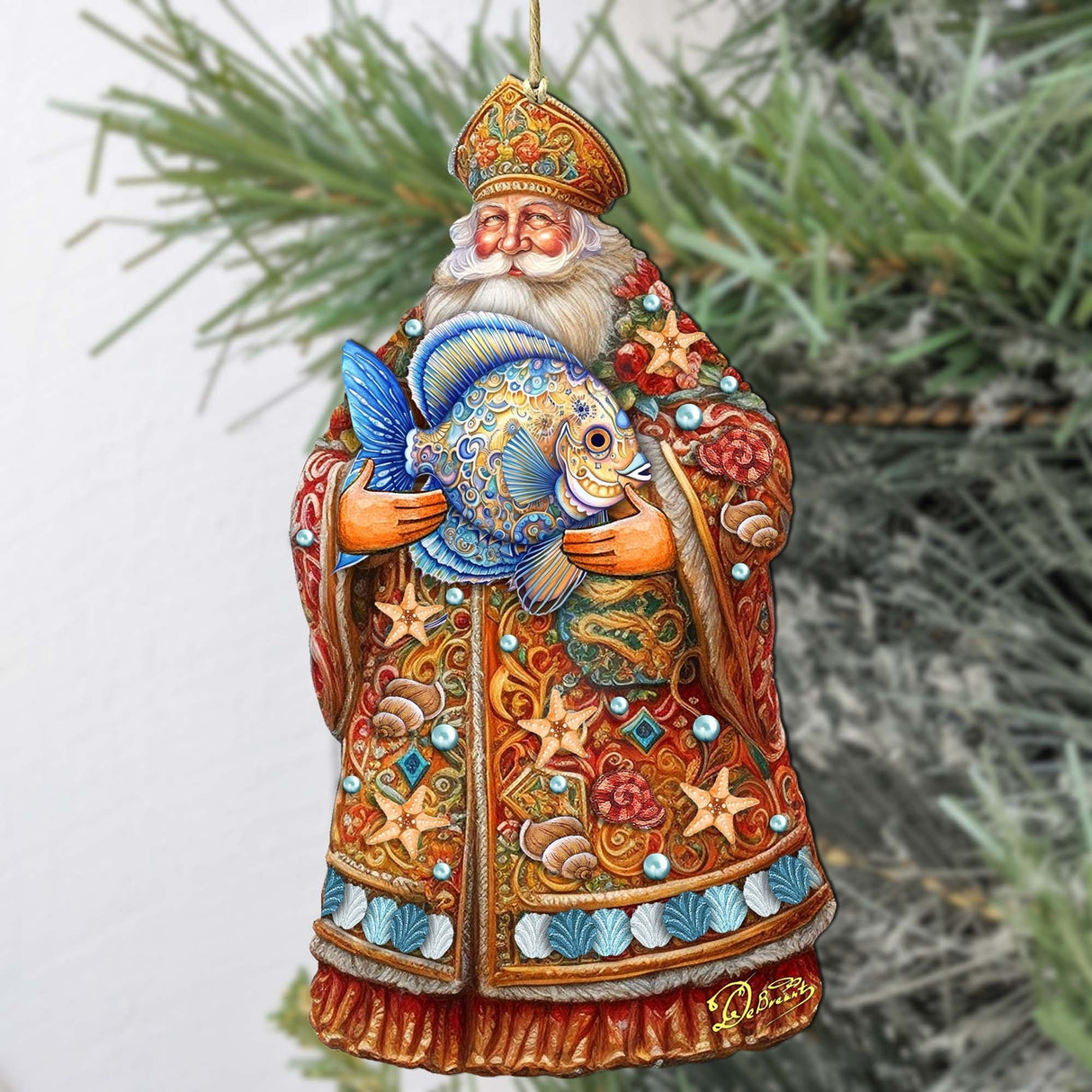 Santa with Fish Wooden Ornaments by G. Debrekht - Christmas Santa Snowman Decor - 8691411