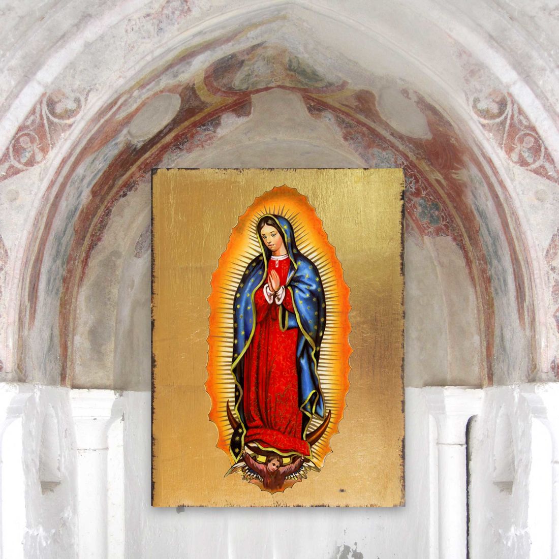 Icono sagrado católico religioso de madera de la Virgen de Guadalupe, bañado en oro - Decoración inspiradora - 85032