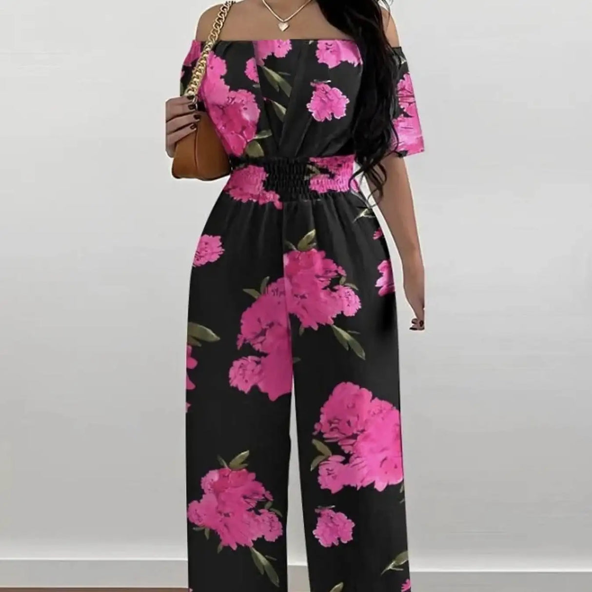 Ladies' One Shoulder Floral Print Waist Cinching Off Shoulder Sexy Fashion Jumpsuit - Lootquake
