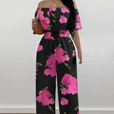 Ladies' One Shoulder Floral Print Waist Cinching Off Shoulder Sexy Fashion Jumpsuit - Lootquake