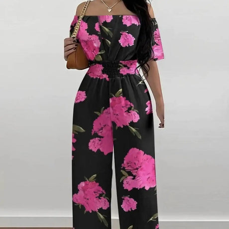 Ladies' One Shoulder Floral Print Waist Cinching Off Shoulder Sexy Fashion Jumpsuit - Lootquake