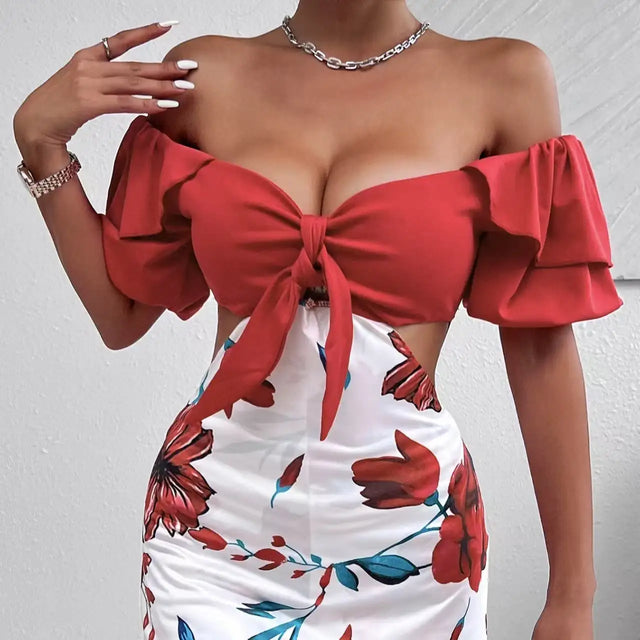 Ladies' Fashionable Casual Floral Print Off Shoulder Knot Decoration Hollow Jumpsuit - Lootquake