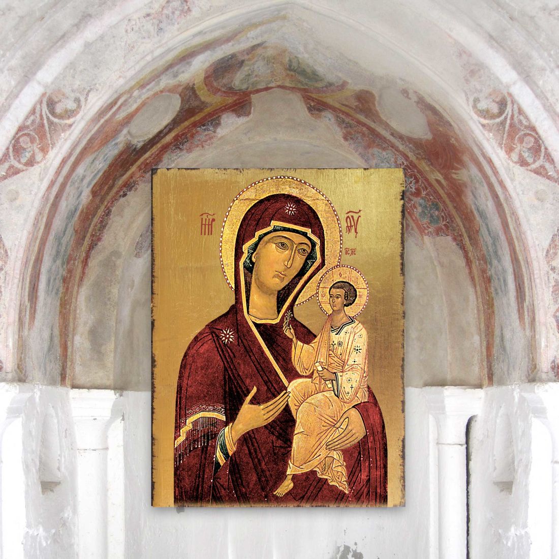 Icono sagrado ortodoxo religioso de madera de la Virgen María, bañado en oro - Decoración inspiradora - 85063