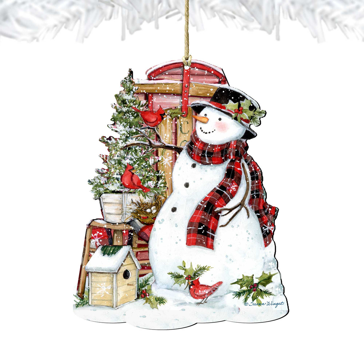Christmas Decoration Snowman with Cardinals - Handmade Wooden Christmas Tree Ornament by Susan Winget - 8471115-SW