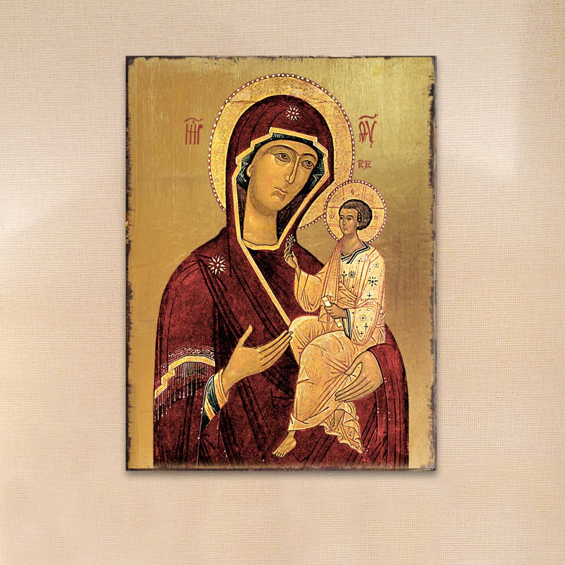Icono sagrado ortodoxo religioso de madera de la Virgen María, bañado en oro - Decoración inspiradora - 85063