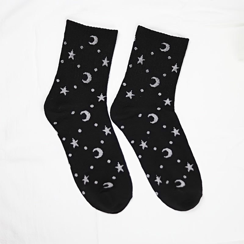 2 pares de calcetines con estampado de estrellas y lunas, cómodos y transpirables, medias de tubo medio para mujer.