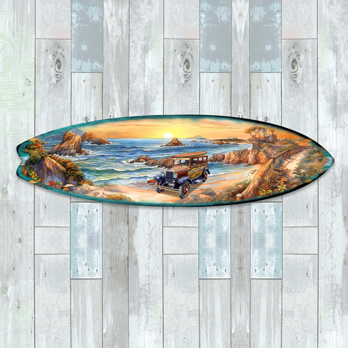 Tabla de surf al amanecer en la playa, arte mural costero de G. DeBrekht - Decoración navideña costera - 8490124HS