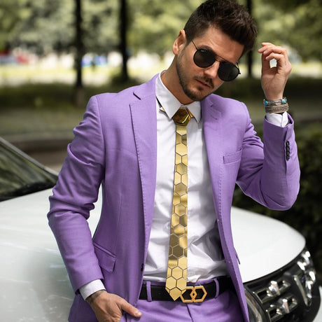 Stitching Geometric Plaid Gold Tie Men's Suit Clothing - Lootquake