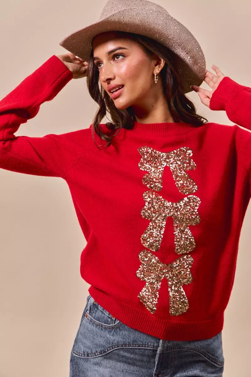 SO ME Sequins Bow Ribbon Embellished Christmas Sweater