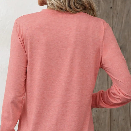 Ladies' Fashion New Button Peach Red Open Neck T-shirt Casual Top - Lootquake
