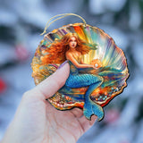 Nautical Christmas Decor - Mermaid in the Shell Wooden Ornaments by G.Debrekht Coastal Holiday Decor - 8688200