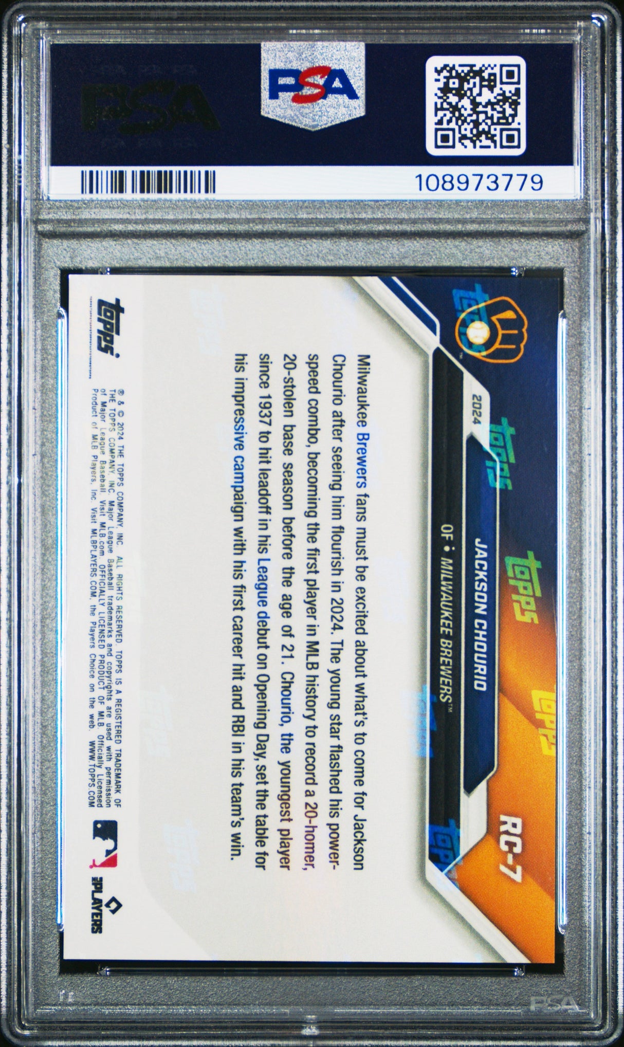 Tarjeta de béisbol de novato RC Jackson Chourio #RC7 de Topps Now, clasificada en 2024, con 10 gemas, color menta.