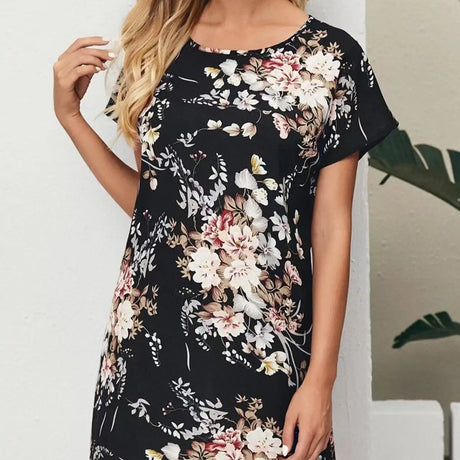 Ladies' Batwing Sleeve Floral Print Waist With Casual Pullover Round Neck Short Sleeved Skirt - Lootquake