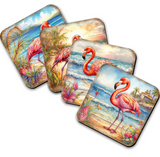 Juego de 4 posavasos de corcho de madera con flamencos rosados ​​de G. Debrekht - Decoración costera - 8199440C-S4
