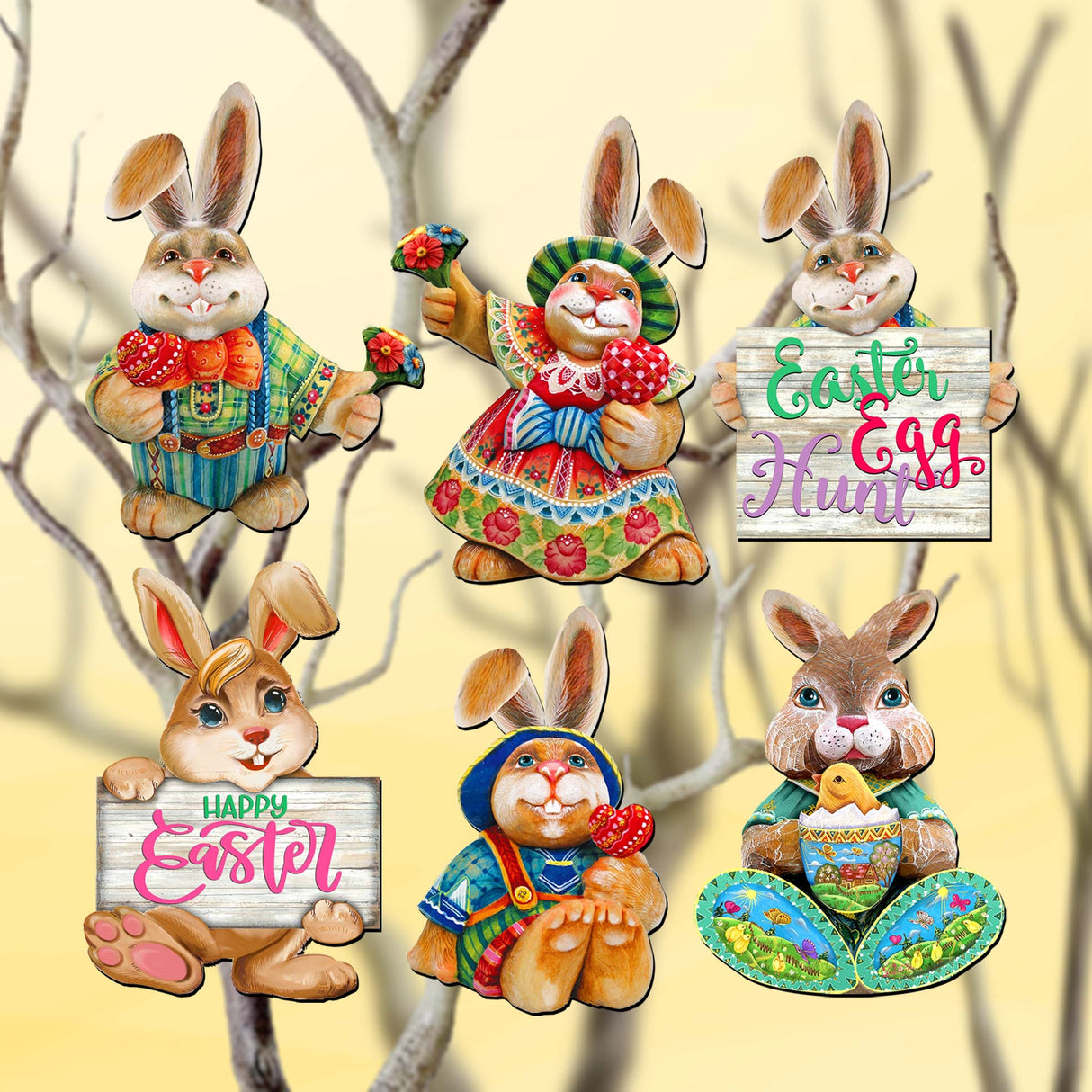 Easter Bunny Family Decorative Wooden Clip-on Ornaments Set of 6 by G. Debrekht - Easter Décor - 8090041C-S6
