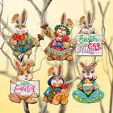 Easter Bunny Family Decorative Wooden Clip-on Ornaments Set of 6 by G. Debrekht - Easter Décor - 8090041C-S6