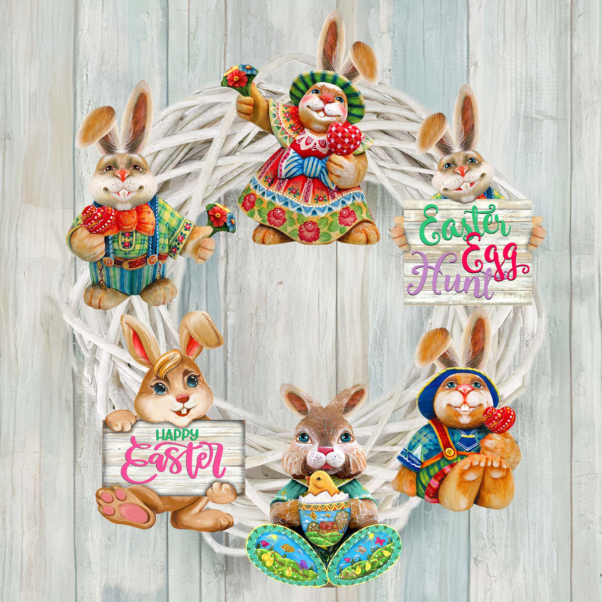 Easter Bunny Family Decorative Wooden Clip-on Ornaments Set of 6 by G. Debrekht - Easter Décor - 8090041C-S6