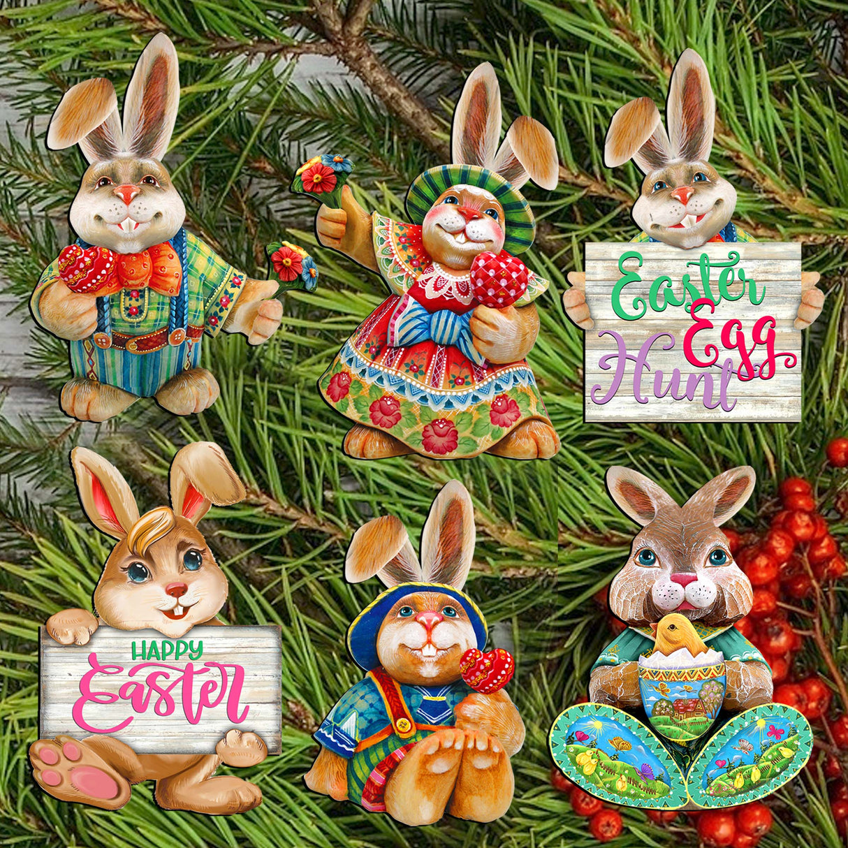 Easter Bunny Family Decorative Wooden Clip-on Ornaments Set of 6 by G. Debrekht - Easter Décor - 8090041C-S6