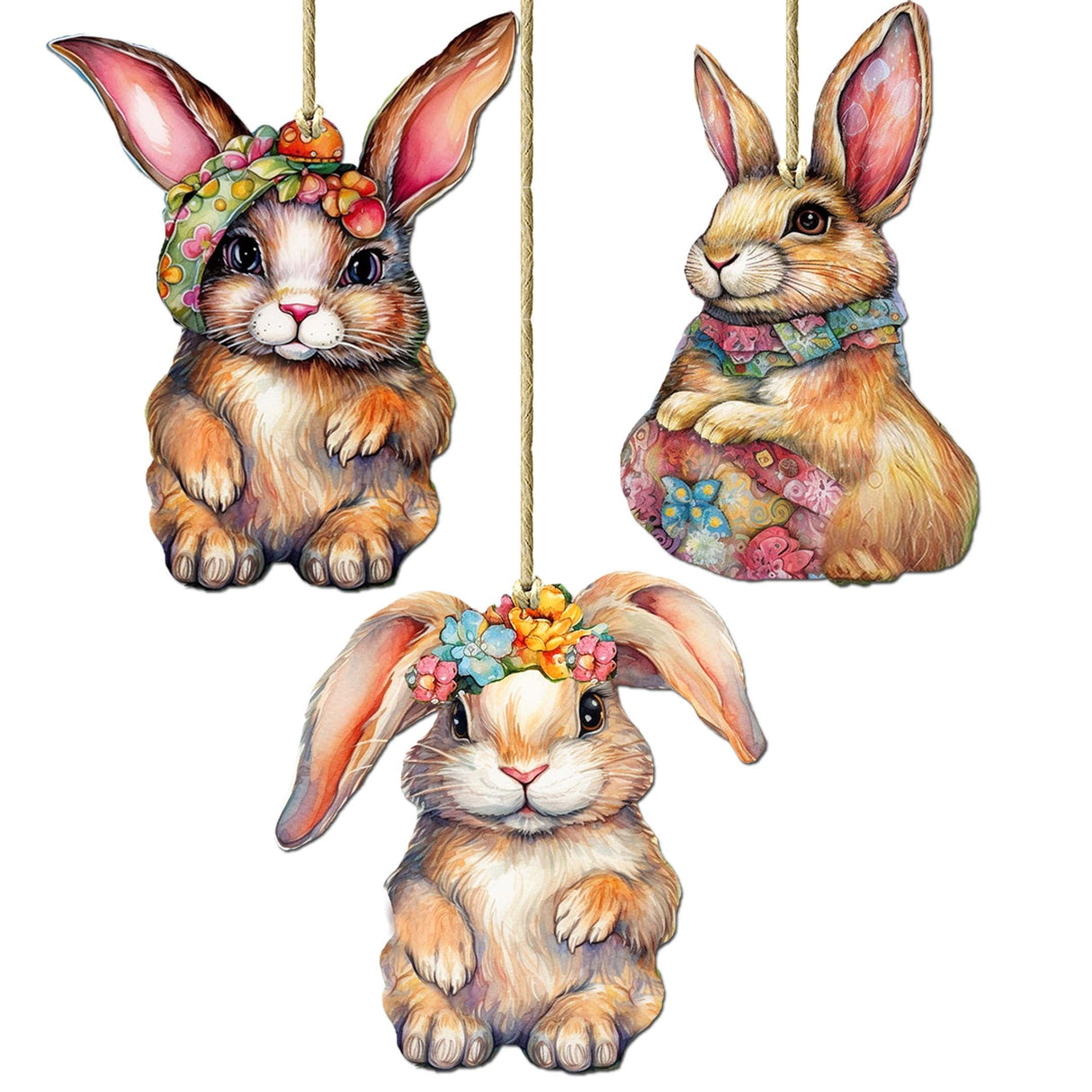 Easter Bunnies Wooden Ornaments Set of 3 by G. Debrekht - Easter Décor - 8091042-S3