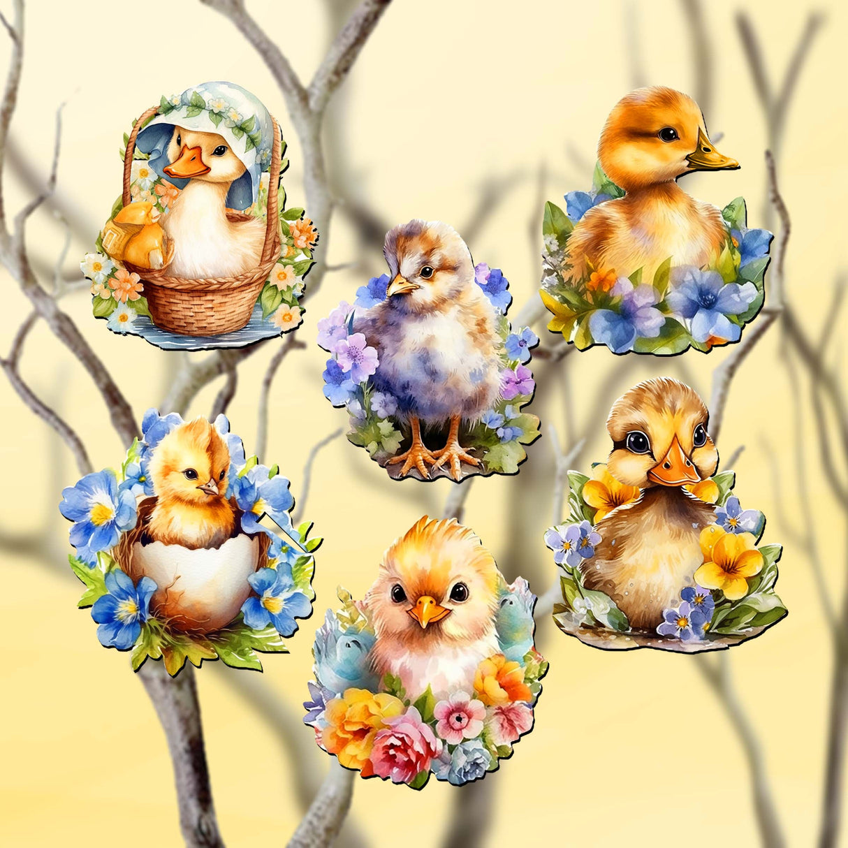 Spring Ducklings Decorative Wooden Clip-on Ornaments Set of 6 by G. Debrekht - Easter Décor - 8090055C-S6