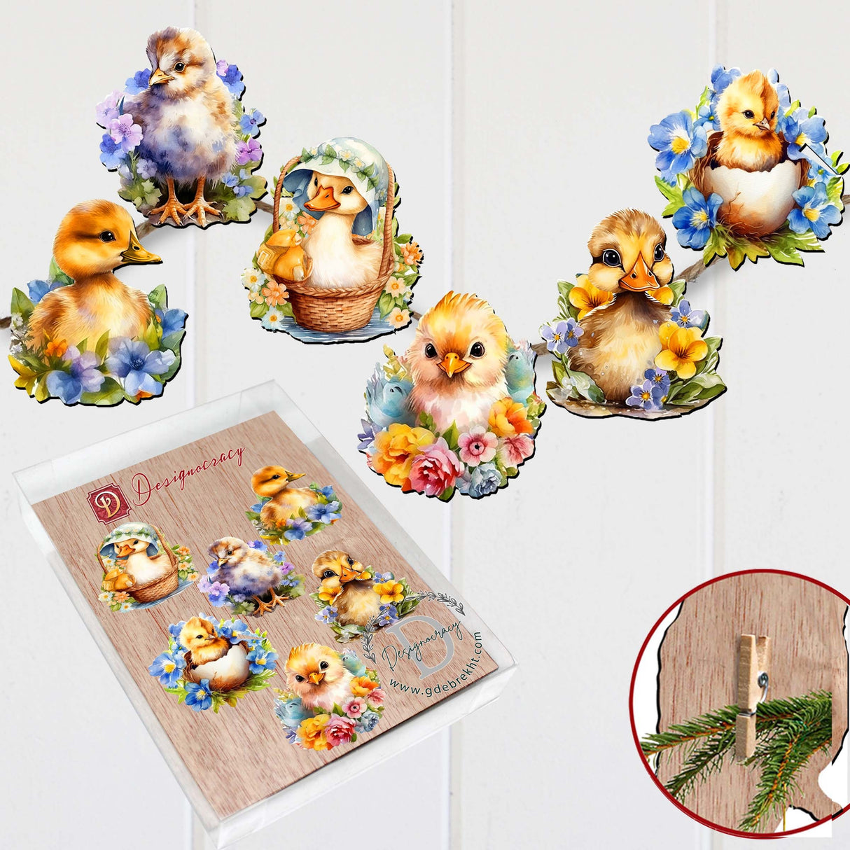 Spring Ducklings Decorative Wooden Clip-on Ornaments Set of 6 by G. Debrekht - Easter Décor - 8090055C-S6