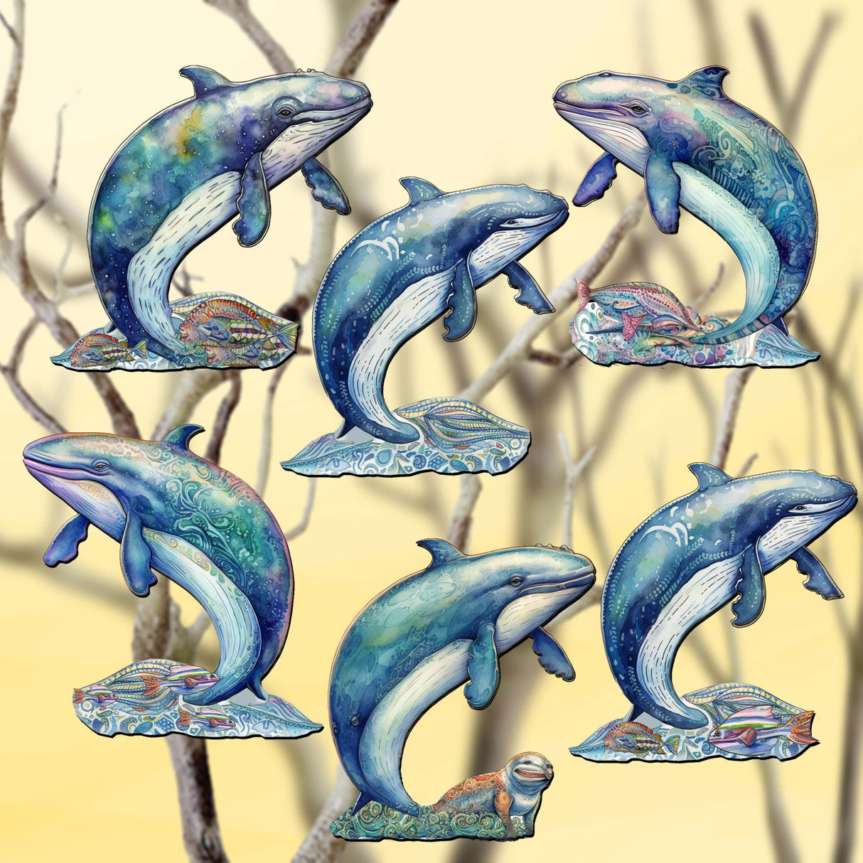 Whale's Melody Decorative Wooden Clip-on Ornaments Set of 6 by G. Debrekht - Wildlife Décor - 8090110C-S6