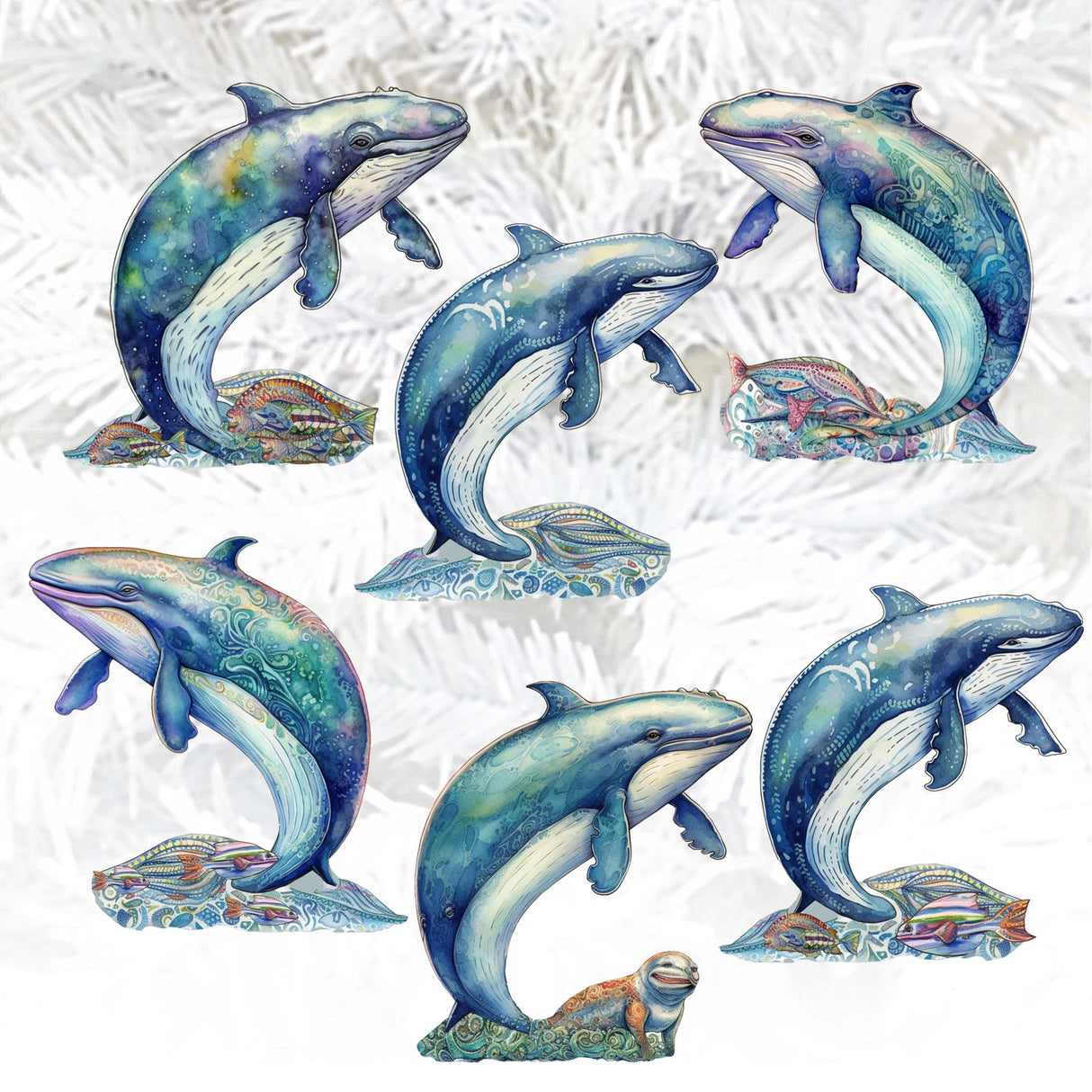 Whale's Melody Decorative Wooden Clip-on Ornaments Set of 6 by G. Debrekht - Wildlife Décor - 8090110C-S6