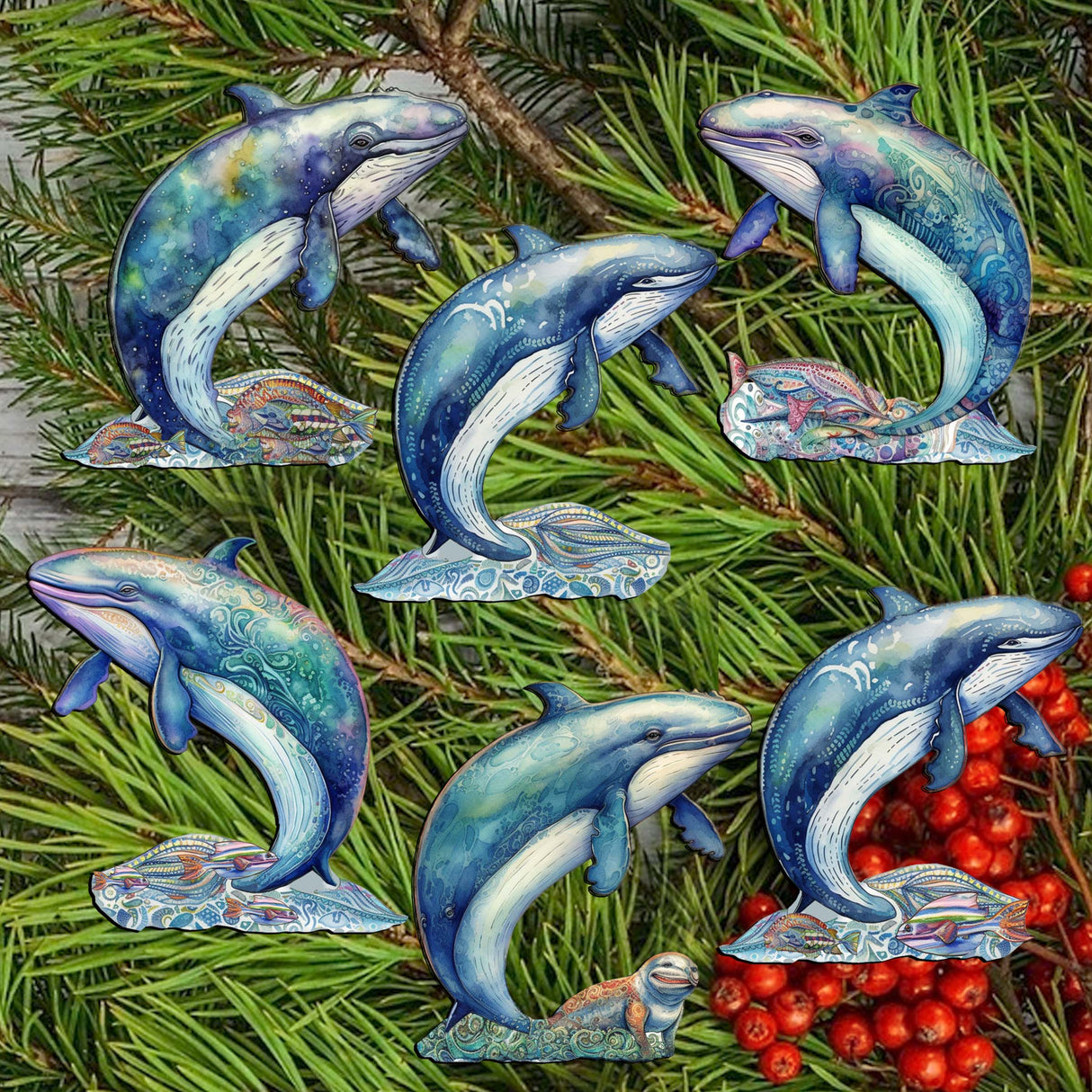Whale's Melody Decorative Wooden Clip-on Ornaments Set of 6 by G. Debrekht - Wildlife Décor - 8090110C-S6
