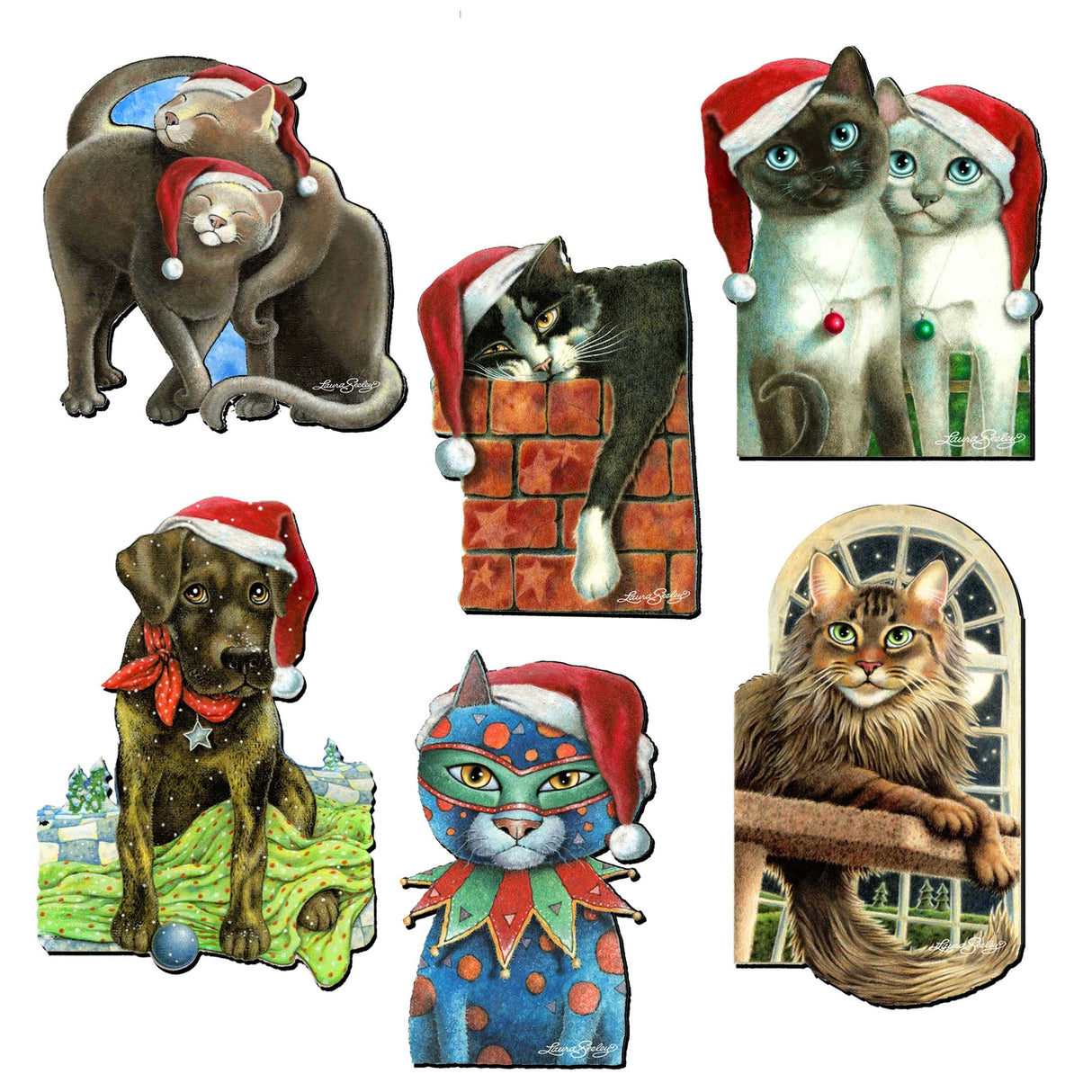 Dog and Cats Decorative Wooden Clip-on Ornaments Set of 6 by L. Seeley  - Pets Dog and Cat Décor - 8090139C-S6