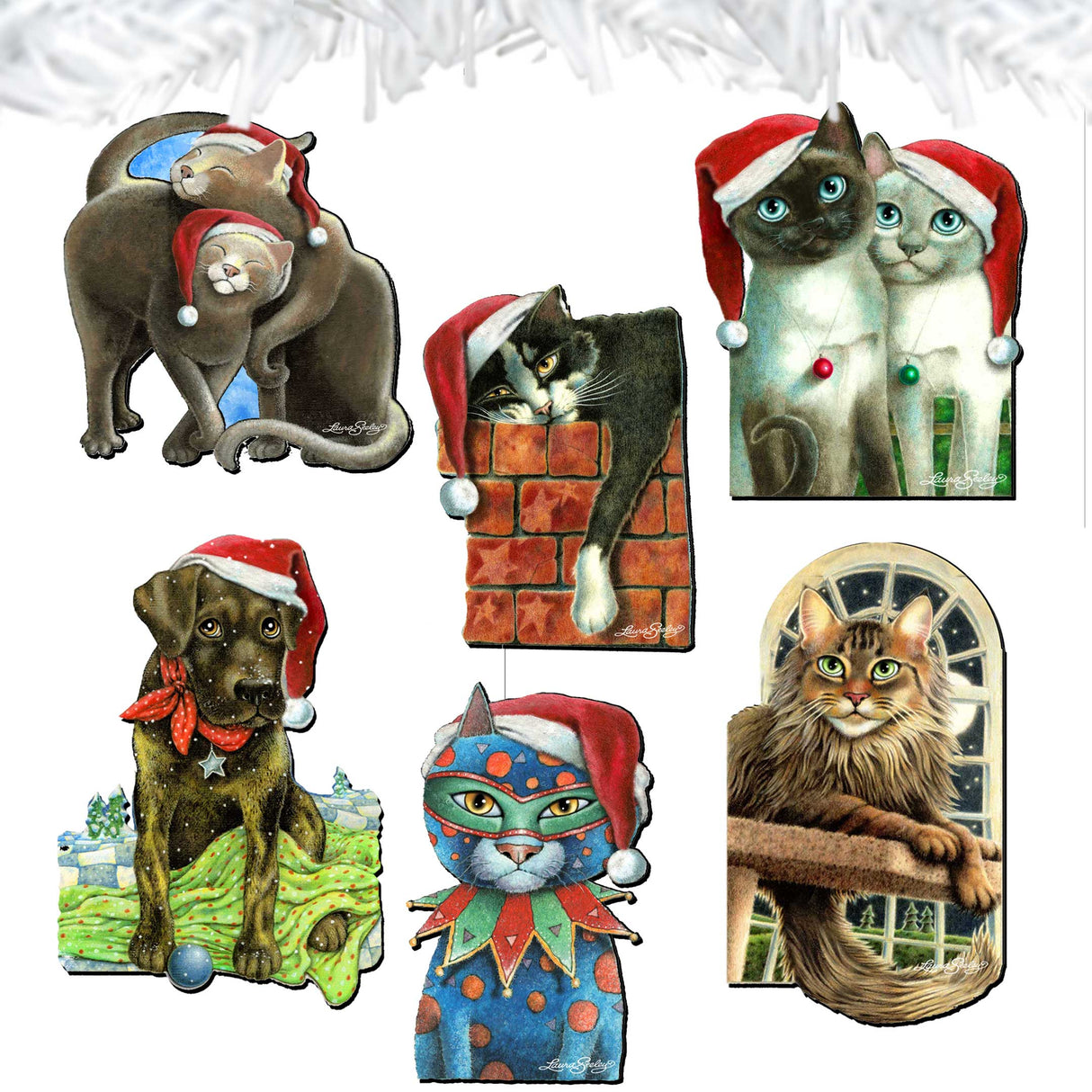 Dog and Cats Decorative Wooden Clip-on Ornaments Set of 6 by L. Seeley  - Pets Dog and Cat Décor - 8090139C-S6