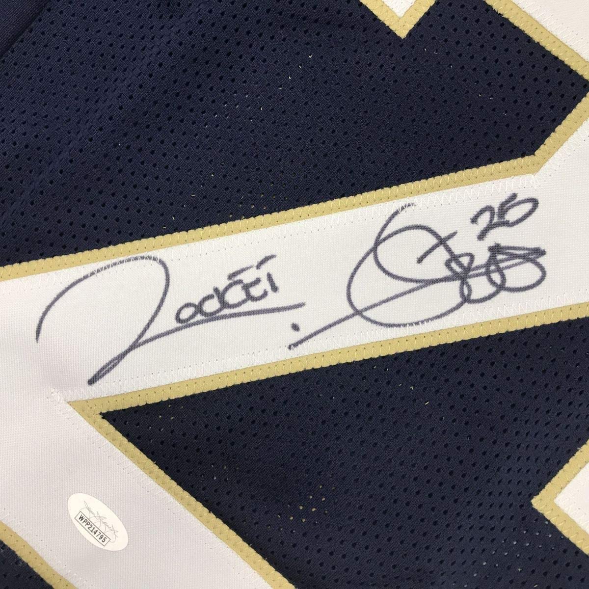 Camiseta de fútbol americano universitario azul de Notre Dame, enmarcada, autografiada y firmada por Raghib Ismail Rocket, 35 x 39, JSA COA