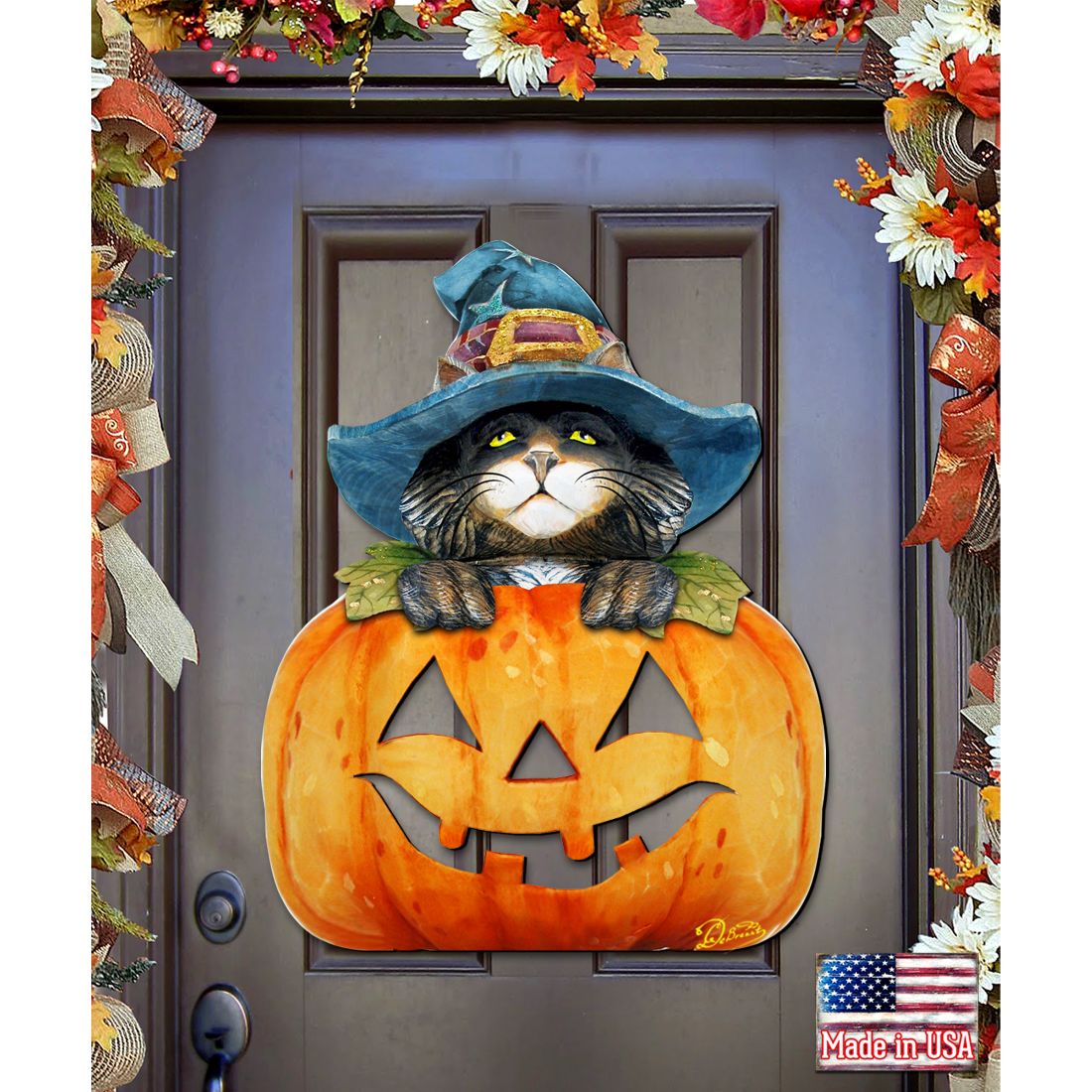 Black Cat pumpkin Halloween Door Decor by G. DeBrekht - Thanksgiving Halloween Decor - 8158416H